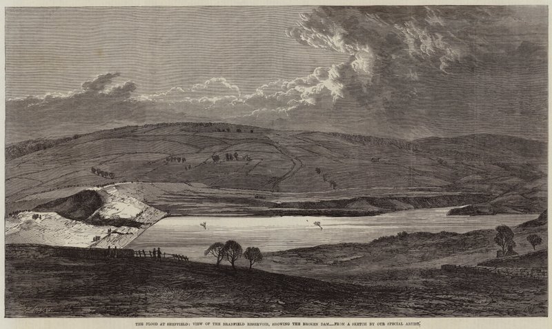 The Flood at Sheffield, Udsigt over Bradfield Reservoir, der viser Broken Dam af Edmund Morison Wimperis