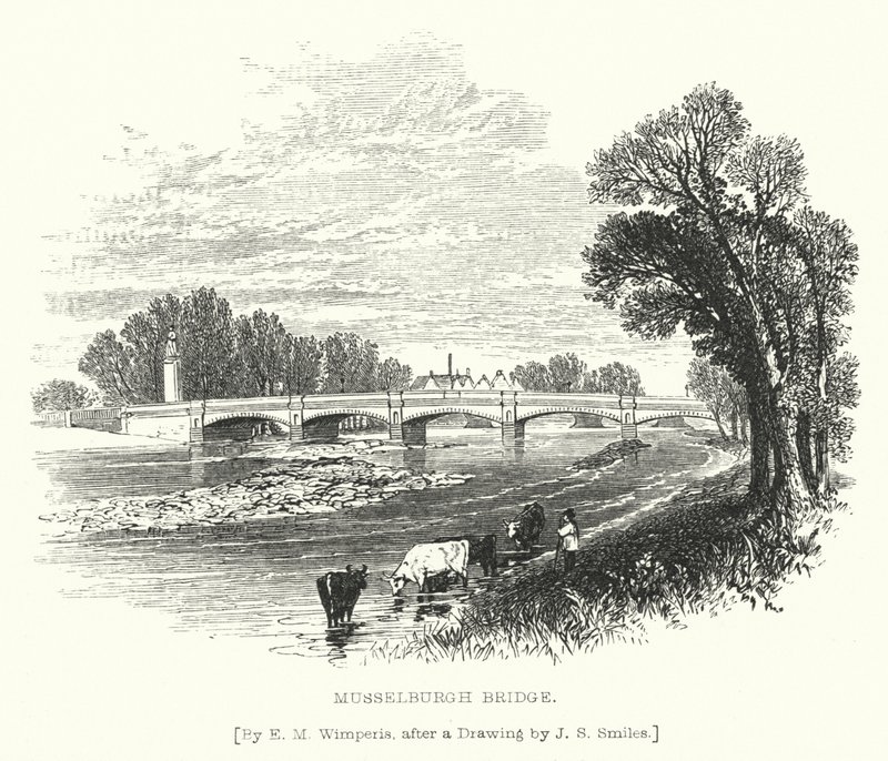 Musselburgh Bridge (gravering) af Edmund Morison (after) Wimperis