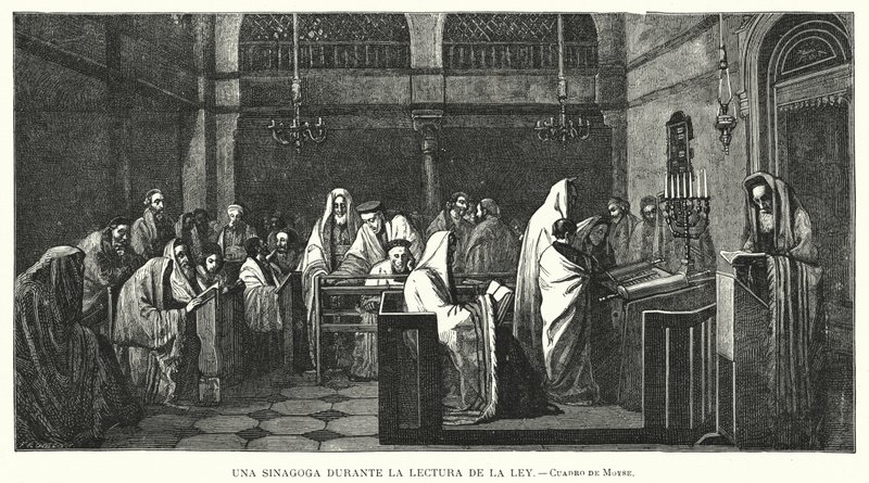 Synagoge under en Torahlæsning (litho) af Edouard Moyse