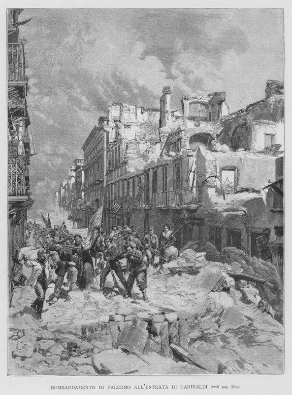 Bombning af Palermo ved Garibaldi-indgangen (gravering) af Edouardo Matania