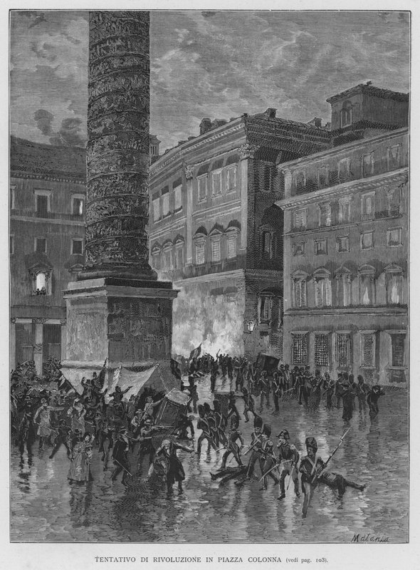 Revolutionsforsøg på Piazza Colonna (gravering) af Edouardo Matania