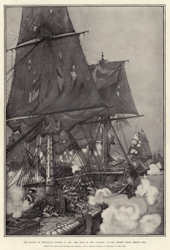 Slaget ved Trafalgar, 21. oktober 1805, dækket på Victory på det tidspunkt, hvor Nelson faldt af Eduardo de Martino