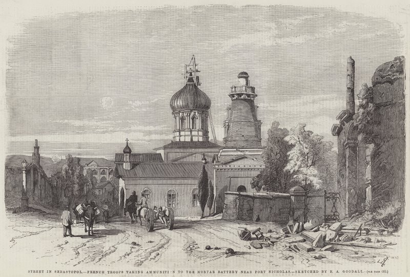 Gade i Sebastopol, franske tropper bringer ammunition til morterbatteriet nær Fort Nicholas af Edward Angelo Goodall