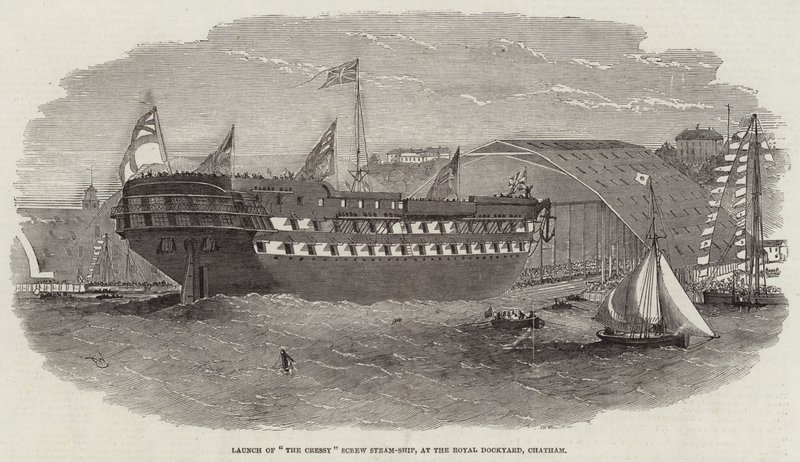 Lancering af The Cressy Screw Steam-Ship på Royal Dockyard, Chatham af Edwin Weedon
