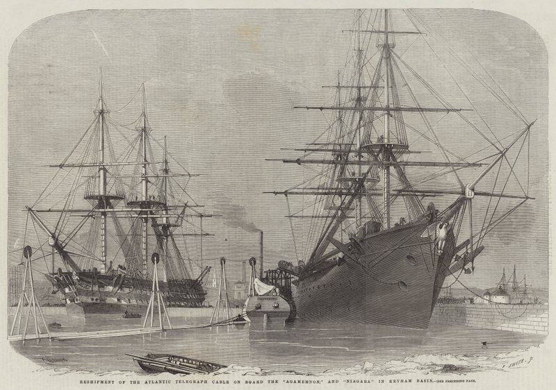 Genforsendelse af Atlantic Telegraph Cable om bord på Agamemnon og Niagara i Keyham Basin af Edwin Weedon