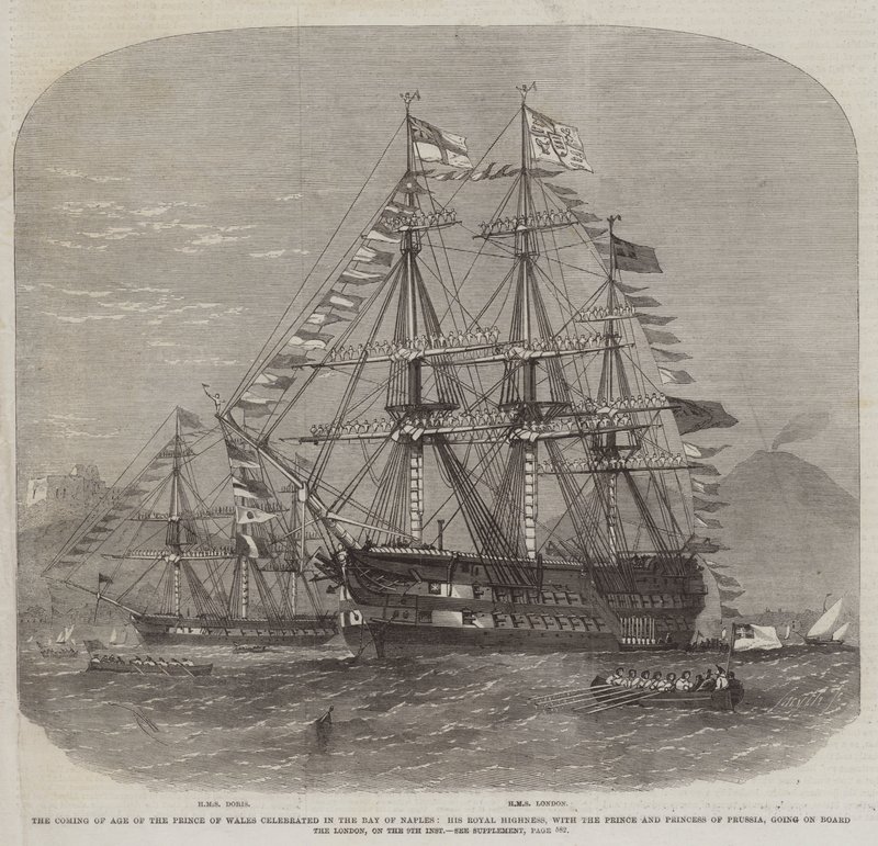 The Coming of Age of the Prince of Wales fejret i Napoli-bugten, Hans Kongelige Højhed, med Prinsen og Prinsessen af Preussen, ombord på London den 9. Inst. af Edwin Weedon