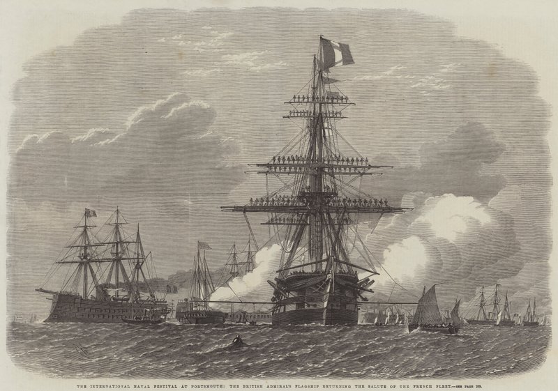 Den internationale flådefestival i Portsmouth, den britiske admirals flagskib, der returnerer den franske flådes hilsen af Edwin Weedon
