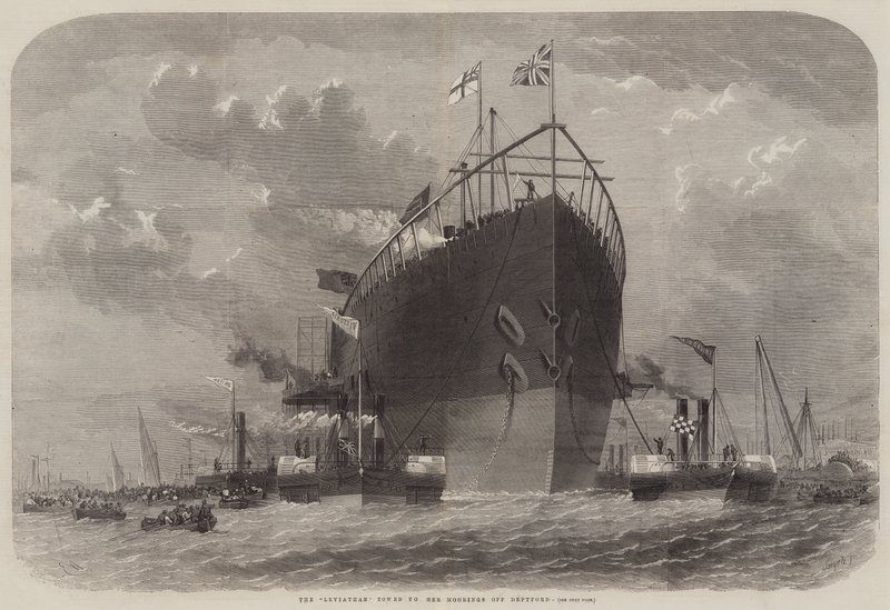 Leviathan bugserede til sine fortøjninger ud for Deptford af Edwin Weedon