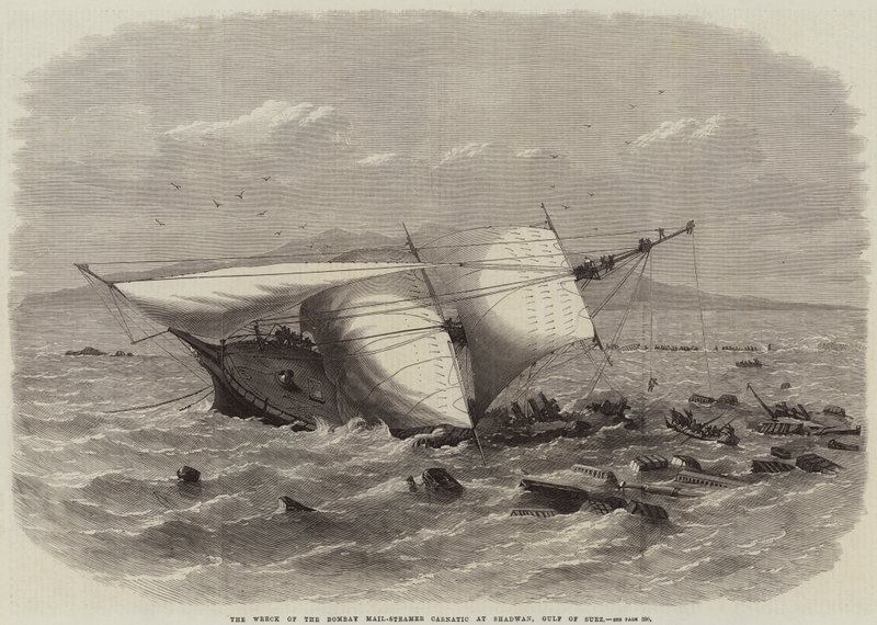 Vraget af Bombay Mail-Steamer Carnatic ved Shadwan, Suezbugten af Edwin Weedon