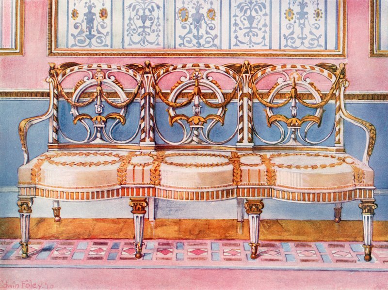 Hvidforgyldt og malet sofa--Pergolesi-indflydelse af Edwin John Foley