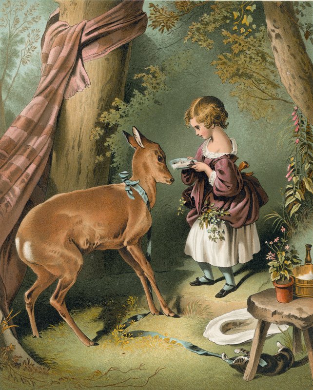 Pige fodrer hjorte af Edwin Landseer