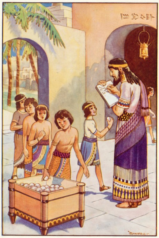 På skolen i Babylon (farve litho) af Edwin Tryon Billings