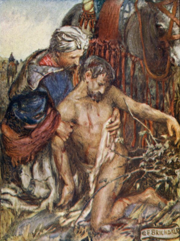 Den barmhjertige samaritaner (farve litho) af Eleanor Fortescue Brickdale