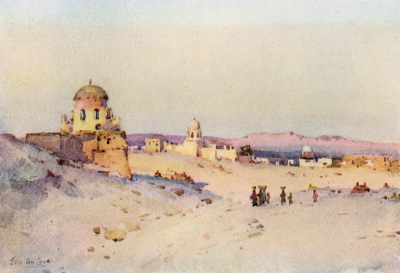 Arabisk kirkegård, Assuan (farve litho) af Ella Du Cane