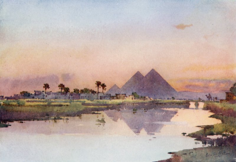 Den anden pyramide, Giza (farve litho) af Ella Du Cane