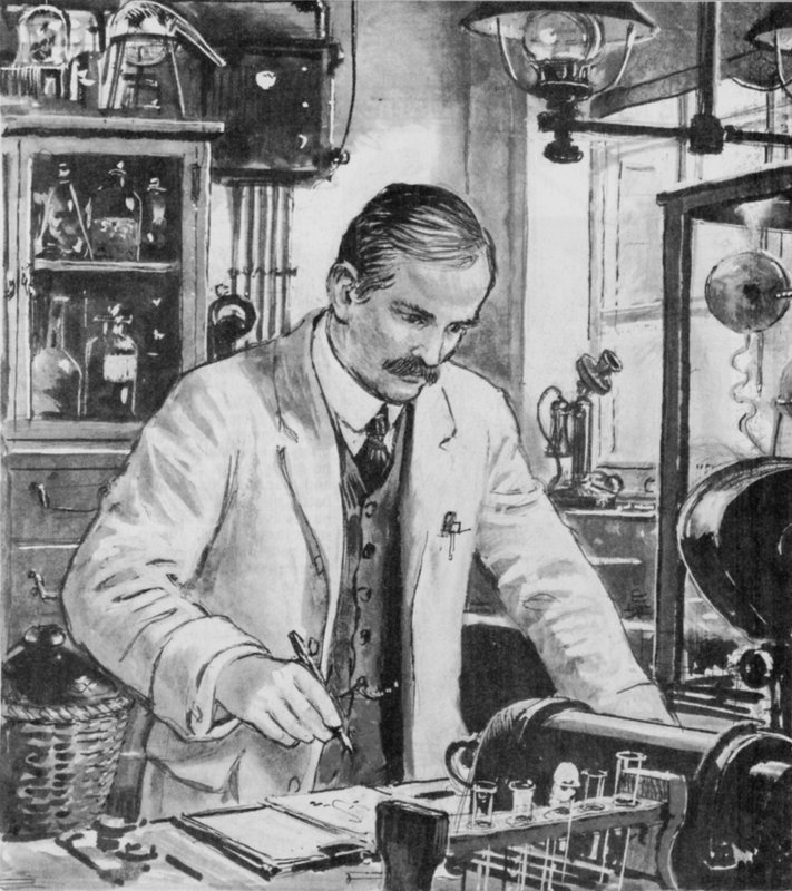 Ernest Rutherford, på arbejde i sit laboratorium i Cambridge af English School