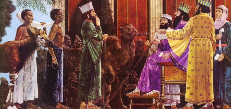 Hyldest til den persiske konge, Darius I, der sad på sin trone af English School