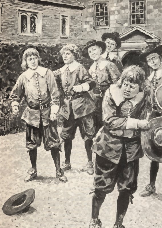 Isaac Newton (til venstre), efter at have slået skolebøllen af English School