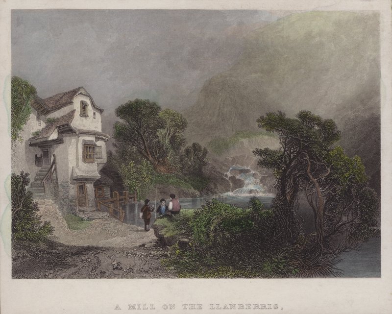 A Mill on the Llanberris (farvet gravering) af English School