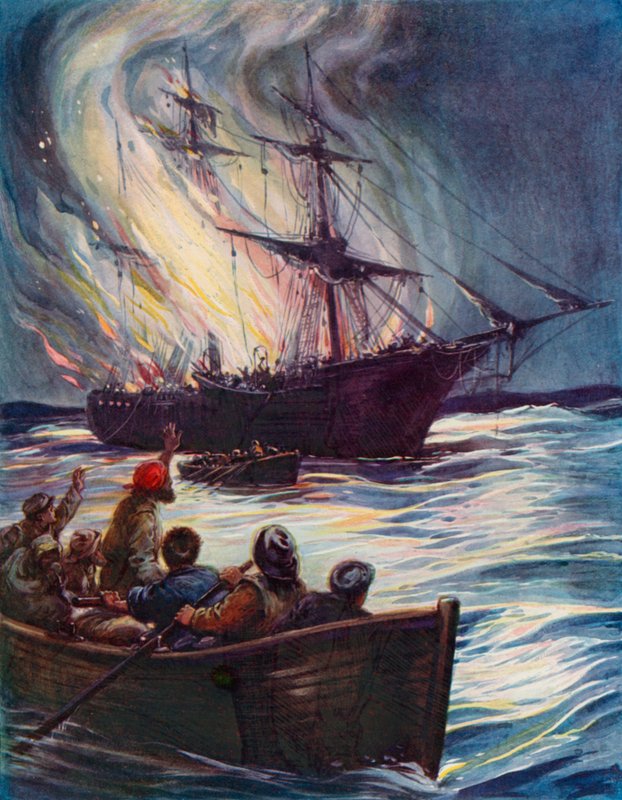 En brand på havet (farve litho) af English School