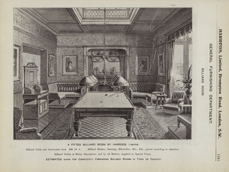 Et indrettet billardrum af Harrods (litho) af English School