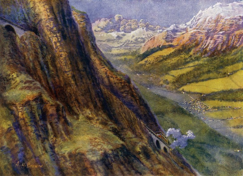 En bjergbane i Schweiz (litho) af English School