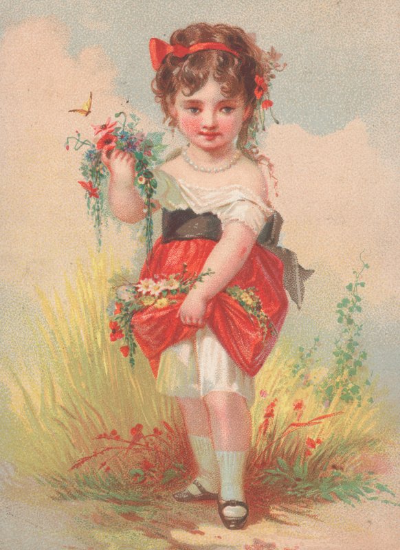 En ung pige samler vilde blomster af English School