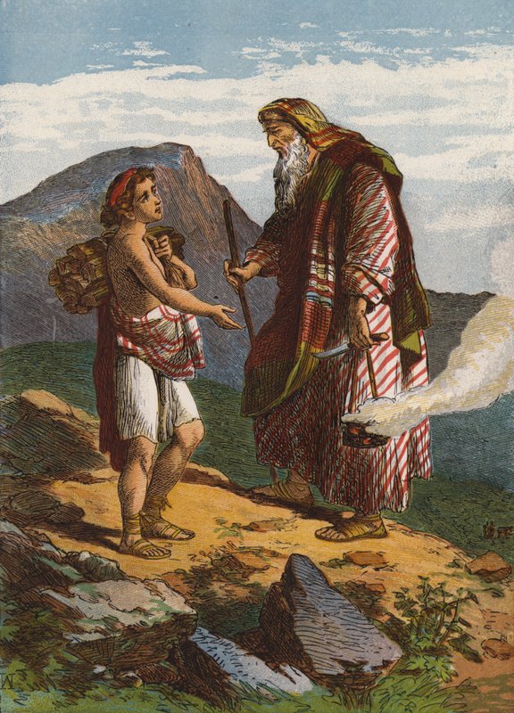 Abraham ofrer Isak (farve litho) af English School