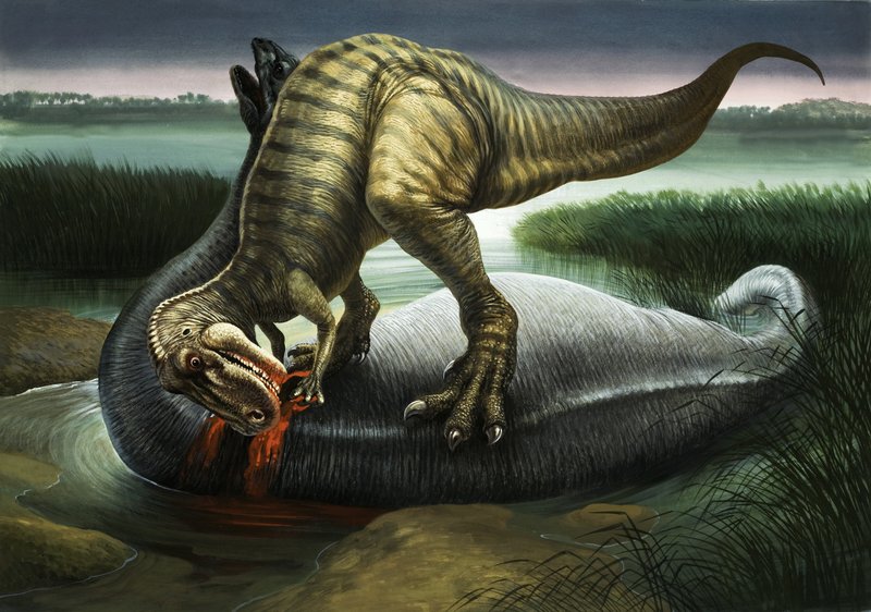 Allosaurus spiser en Apatosaurus af English School