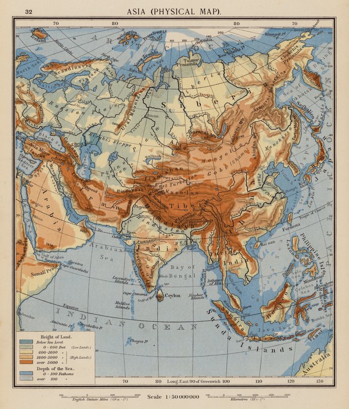 Asien, fysisk kort (farvelitografi) af English School