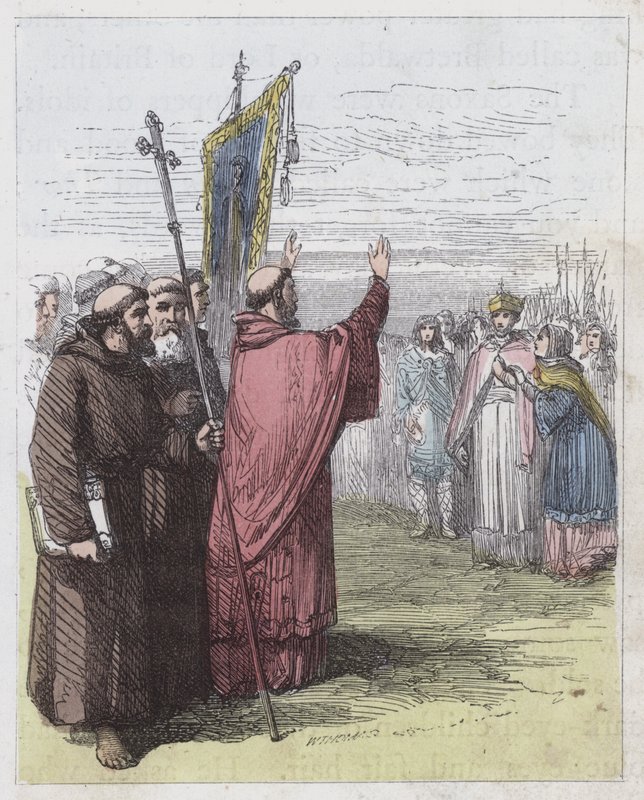 Augustine prædiker før Ethelbert (farvet gravering) af English School