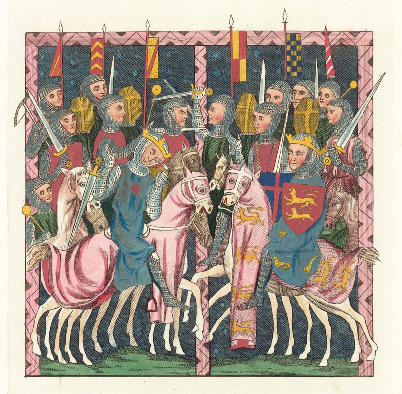 Battle Of Hastings (farvet indgravering) af English School
