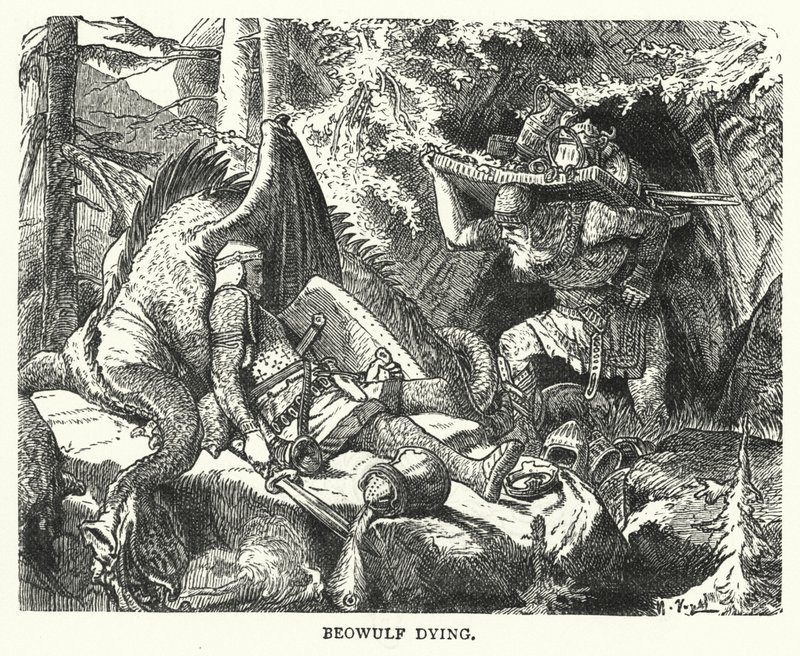 Beowulf døende (gravering) af English School