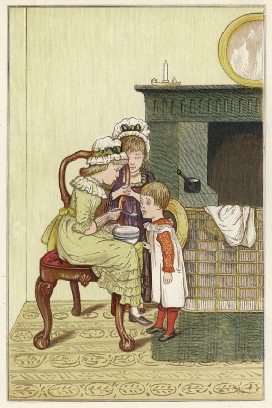 Brød og mælk (farvelitografi) af English School