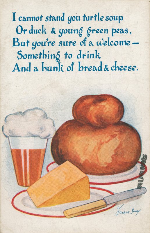 Brød, ost og øl (farve litho) af English School