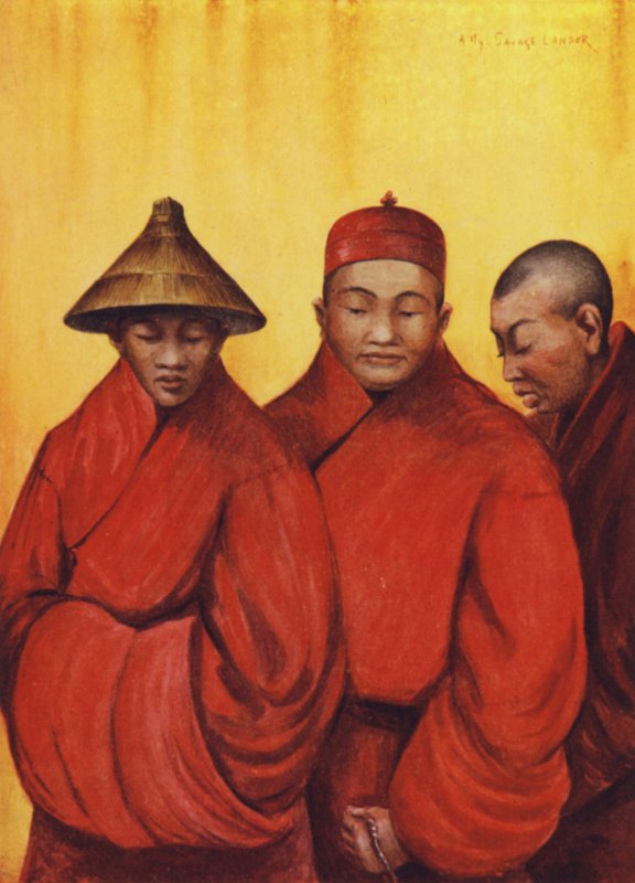 Buddhistiske munke med hatte. (farvelitografi) af English School