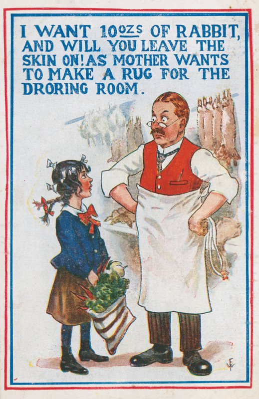 Køb af kanin hos slagteren (farve litho) af English School