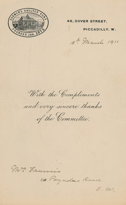 Cabmens Shelter Fun, grundlagt januar 1875. Brev af English School