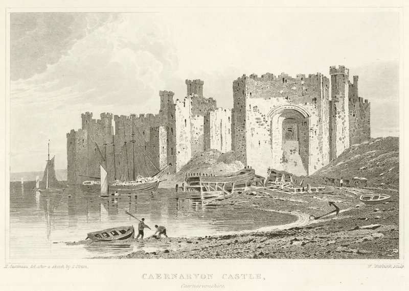 Caernarvon Castle, Caernarvonshire (gravering) af English School