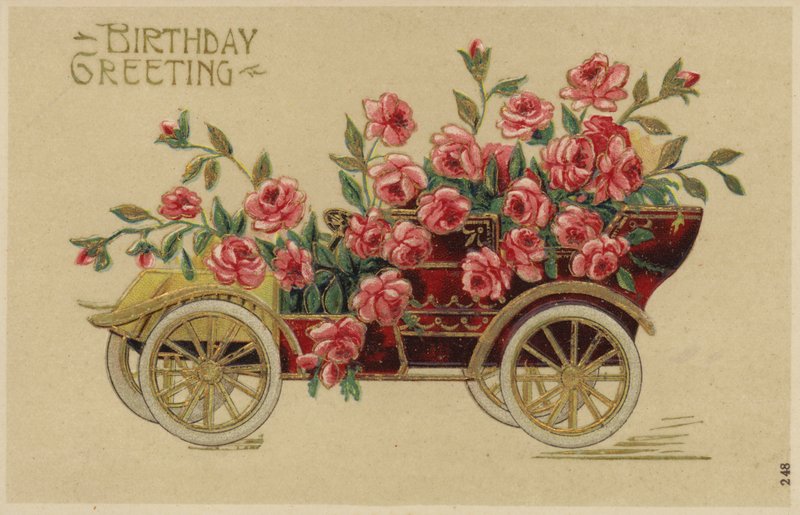 Bil dekoreret med blomster (farve litho) af English School