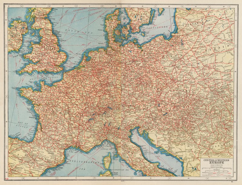 Central- og Vesteuropa, Jernbaner (farvelitografi) af English School