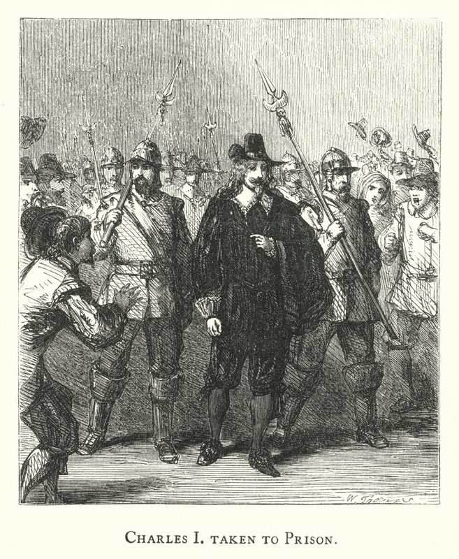Charles I taget til fængsel (gravering) af English School