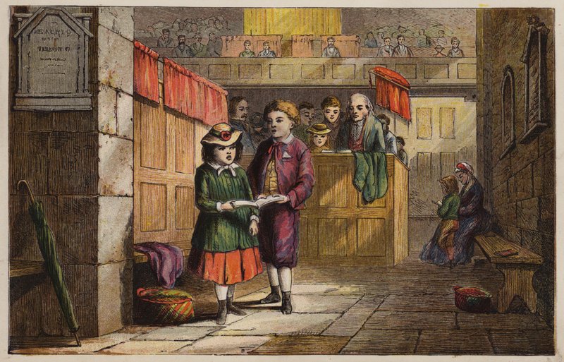 Børn i en kirke (farvegravering) af English School