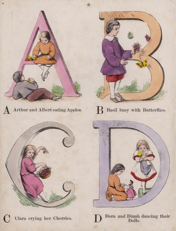 Børnealfabet (farvet gravering) af English School