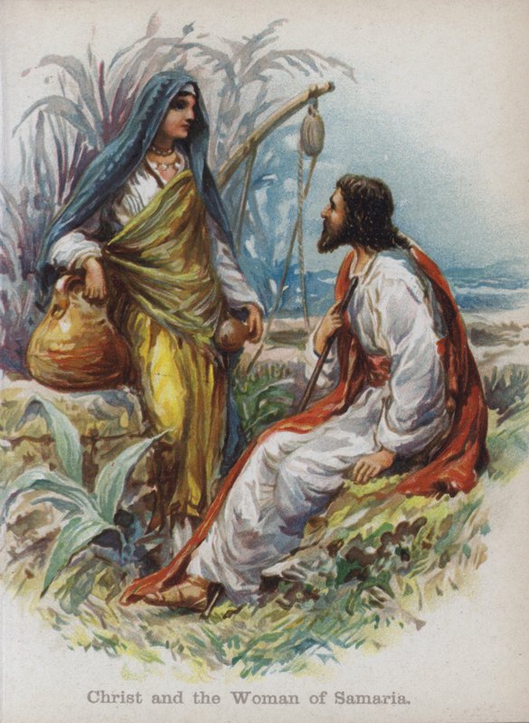 Kristus og kvinden i Samaria (chromolitho) af English School