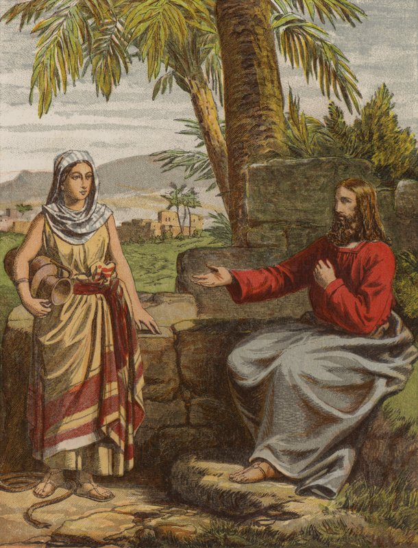 Kristus og kvinden i Samaria (chromolitho) af English School