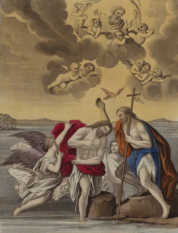 Kristus døbt (farve litho) af English School