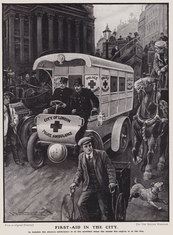 City of London Police elektrisk ambulance (litho) af English School