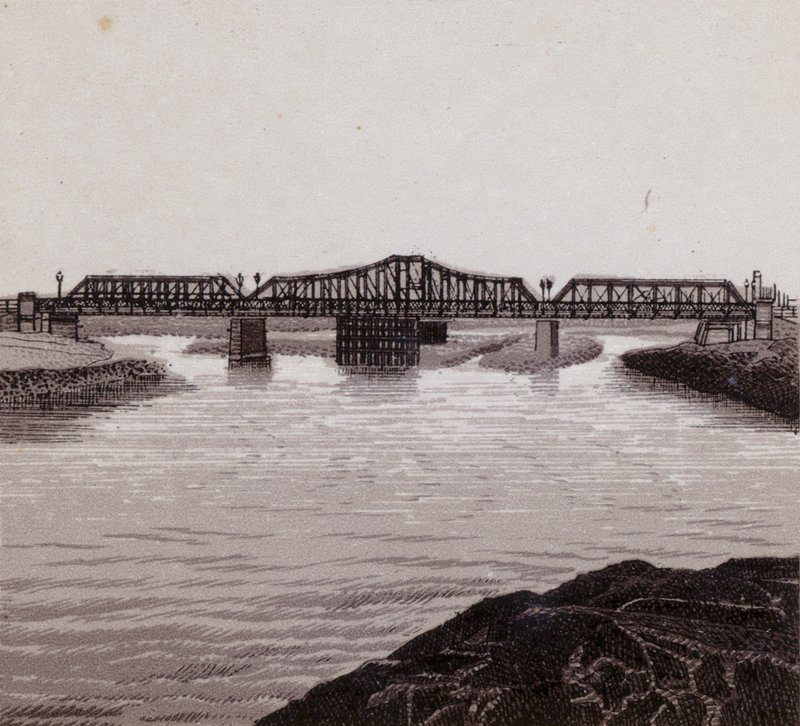 Clarence Bridge, Cardiff (litho) af English School