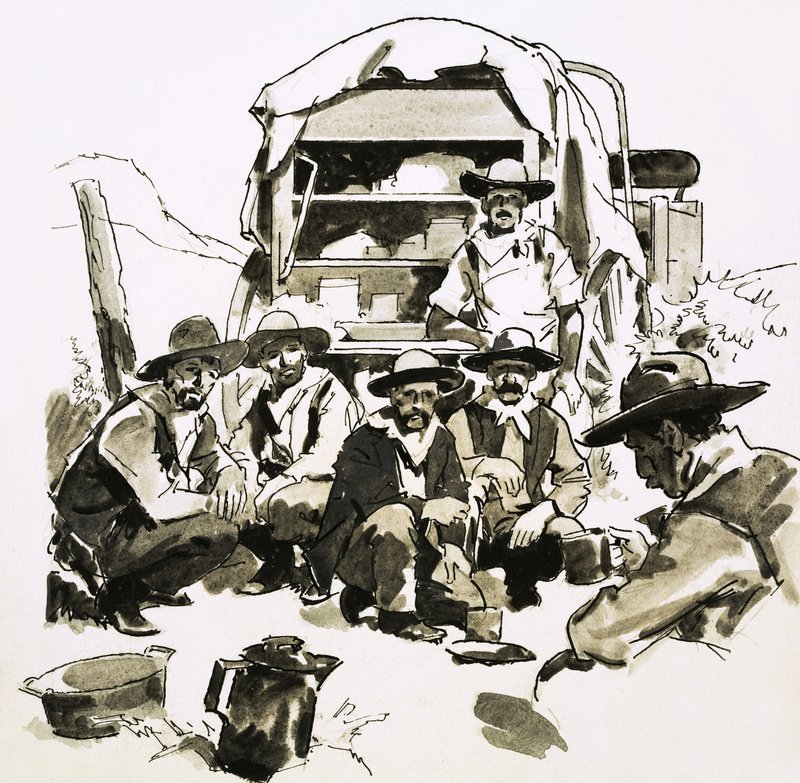 Cowboys samledes omkring en chuck-vogn af English School